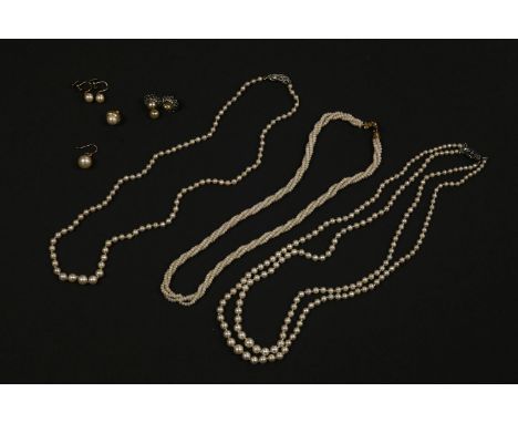 A single row graduated cultured pearl necklace with marcasite clasp, a two row graduated cultured pearl necklace with marcasi