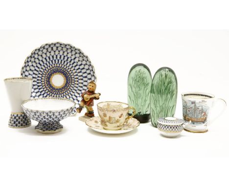 A pair of Victorian dump glass paperweights, together with a Goebel figure, and a small quantity of Russian porcelain