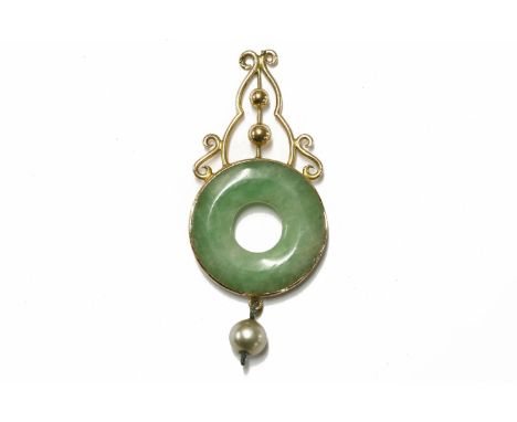 A gold jadeite circular bi-pendant, with later simulated pearl drop, c.1930, tested and valued as 18ct gold2.88g