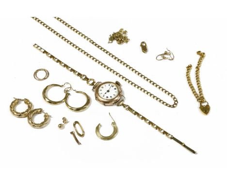 A ladies 9ct gold mechanical watch, with white enamel dial and Roman numerals and later rolled gold bracelet, a gold flat fil