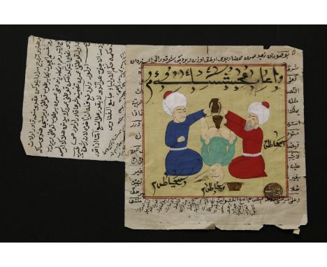 An interesting Persian medical picture, probably 18th century, from a manuscript depicting two men pouring liquid into a pati