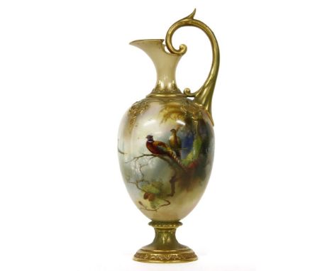 A Royal Worcester ewer, decorated in enamels with pheasants and trees, signed A.Lewis