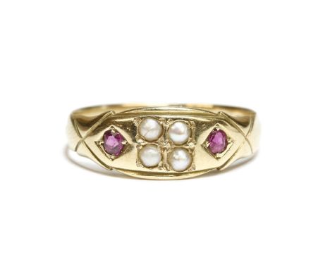 A Victorian split pearl and ruby ring, hallmarked 18ct gold, 18962.35g