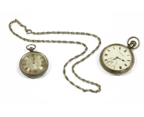 A Continental silver open faced fob watch, floral decorated dial with Roman numerals, a silver open faced pocket watch, with 