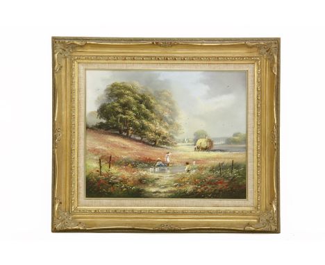 Ted Dyer (b.1940), CHILDREN PLAYING IN A POND, oil on canvas, signed lower left, gilt framed, 40 cm x 52 cm