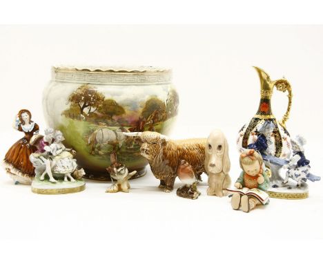 A quantity of ceramics to include, a Beswick highland cow, a Beswick robin, one other similar, a Goebel figure of a young gir