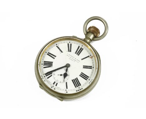 A white metal Goliath open faced pocket watch, white enamel dial signed A Barrett & Sons, with Arabic numerals, with subsidia