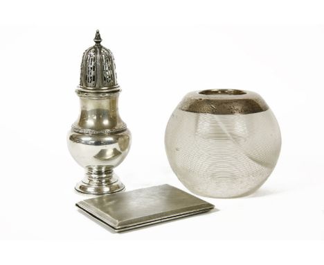 A George V engine turned silver cigarette case, together with a silver sugar caster, and a silver rimmed match striker