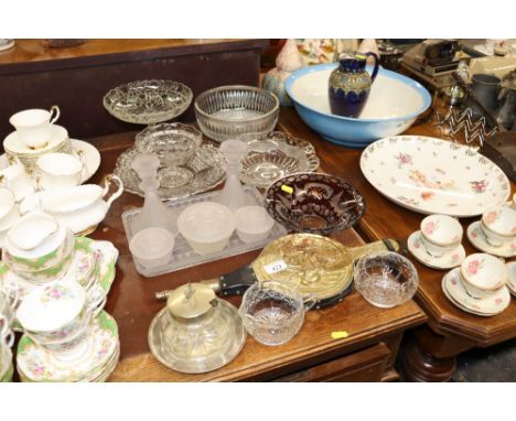 A pair of brass embossed bellows; an opaque glass dressing table set; a preserve jar; a ruby glass dish etc.