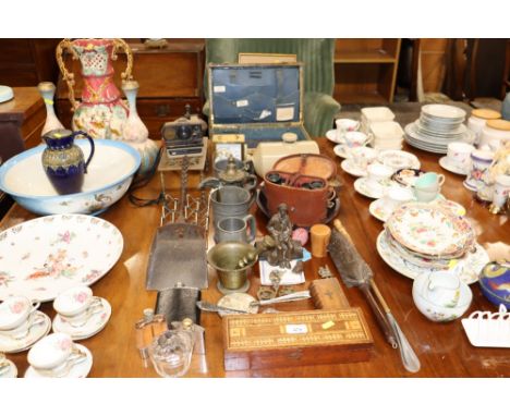 A quantity of pewter tankards; brass pestle and morter; a cribbage board; two pairs of binoculars in cases; a crocodile skin 