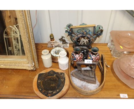 A quantity of various ceramics etc. to include a pair of cloisonné vases AF, flat iron, barometer AF, an Art Deco style lamp 