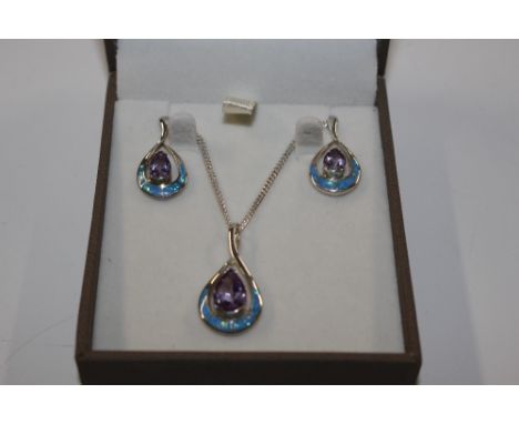 A Sterling silver, amethyst and opal set necklace with matching ear-rings 
