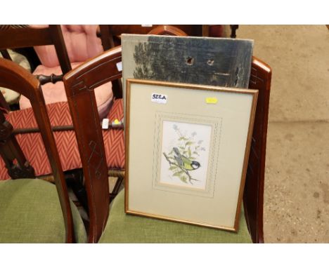 An oil on board AF and a print of birds amongst foliage 