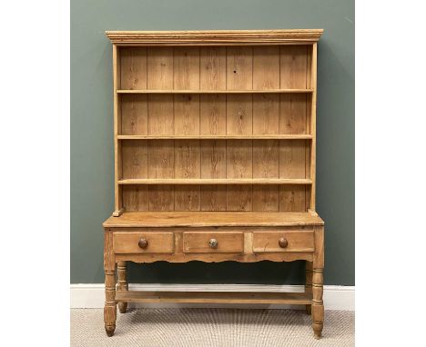 PINE FARMHOUSE DRESSER, three-shelf rack over three drawers and open base, 192 (h) x 138 (w) x 48cms (d)Provenance: private c
