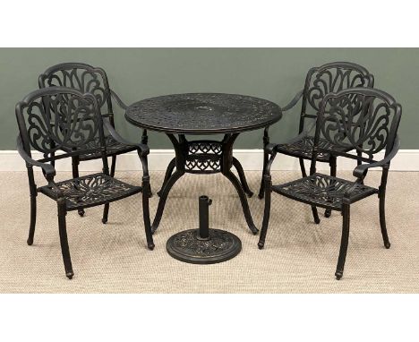 MODERN METAL GARDEN FURNITURE, including circular reticulated top table, 72 (h) x 99cms (diam.), four elbow chairs, 91 (h) x 