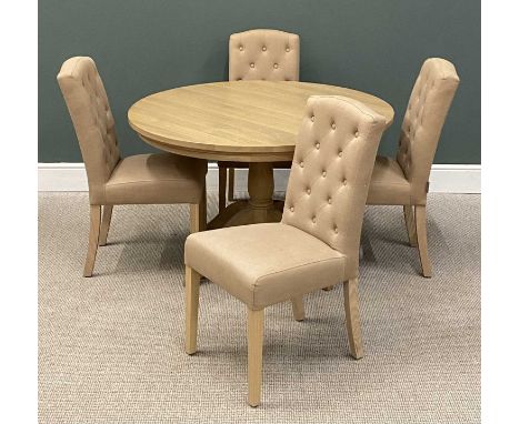 MODERN LIGHT OAK EFFECT CIRCULAR DINING TABLE, labelled 'Neptune', 75 (h) x 120cms (diam.), and set of four similar style but