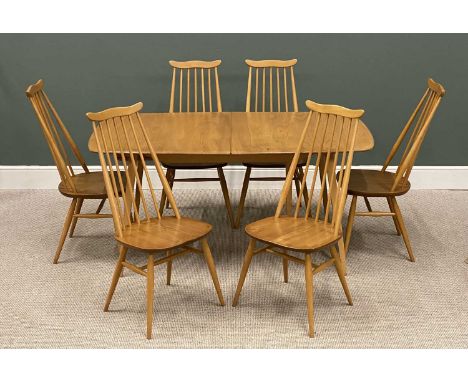 FINE LIGHT ERCOL EXTENDING DINING TABLE, 71 (h) x 155/226 (w) x 91cms (d), and set of six moustache and spindle back chairs, 