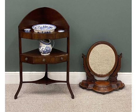 ANTIQUE TOILET MIRROR & VICTORIAN CORNER WASHSTAND, 108 (h) x 60 (w) x 40cms (d), with blue and white basin, jug, beaker, and