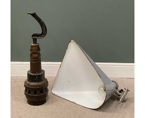 TWO SALVAGE METAL WARES comprising cobbler's last on stand, and metal / enamel vintage converted lampProvenance: deceased est