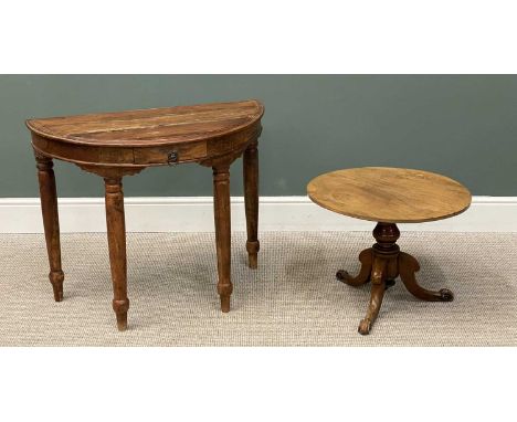 EASTERN HARDWOOD HALF-MOON HALL TABLE, with single drawer, 73 (h) x 90 (w) x 46cms (d), and vintage circular topped side tabl