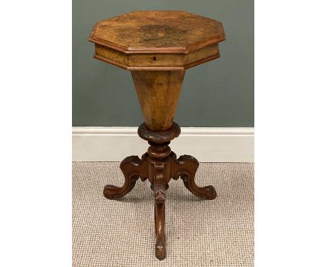 VICTORIAN BURR WALNUT OCTAGONAL WORKTABLE, compartmented interior, turned tripod supports, 77 (h) x 45 (w) x 45cms (d)Provena