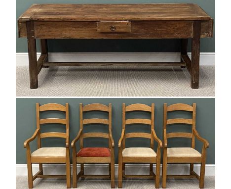 LARGE VINTAGE STAINED PINE TABLE, with end drawers, 81 (h) x 199 (w) x 80cms (d), and four modern light oak carver dining cha