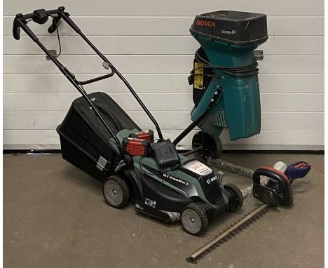 GARDEN TOOLS, comprising Bosch 36V Power Drive LI Lawnmower, Bosch garden shredder, and hedge trimmer, E/TProvenance: decease