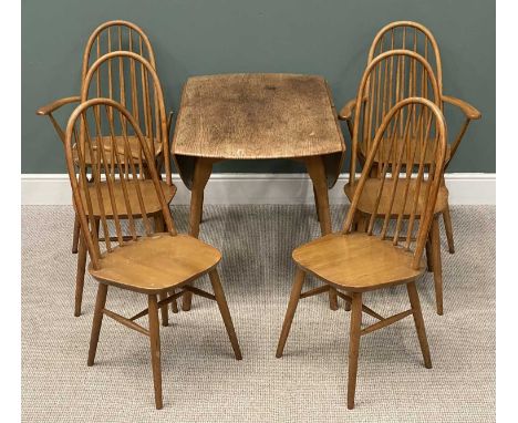 BELIEVED ERCOL DINING TABLE & CHAIRS, table 74 (h) x 68/128 (w) x 113cms (d), and set of six (4+2) hoop and spindle back chai