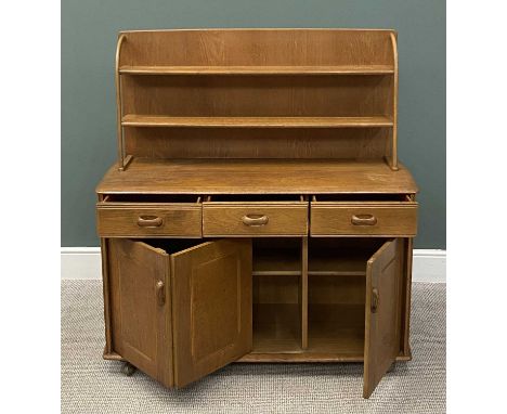 MID-CENTURY TEAK SIDEBOARD, in the manner of Ercol, labelled 'Priory', 131 (h) x 122 (w) x 50cms (d)Provenance: private colle