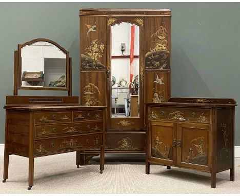 CHINOISERIE MAHOGANY BEDROOM SUITE, early 20th century, comprising single mirrored door wardrobe, 207 (h) x 122 (h) x 50cms (