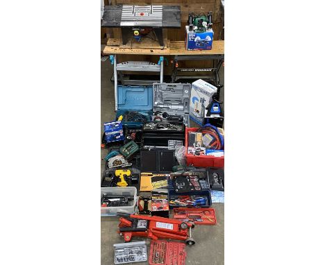 LARGE PARCEL OF GARAGE & GARDEN TOOLS, including power tools, folding benches, toolboxes, trolley jack, etc., E/TProvenance: 