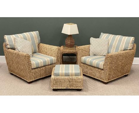 MODERN NATURAL FIBRE CONSERVATORY SUITE by Ocean Design, possibly banana-leaf, comprising pair of armchairs with striped upho
