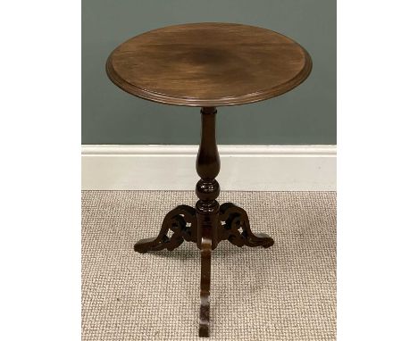 ANTIQUE MAHOGANY CIRCULAR-TOP WINE TABLE, turned and reticulated tripod supports, 67 (h) x 49cms (diam.)Provenance: private c