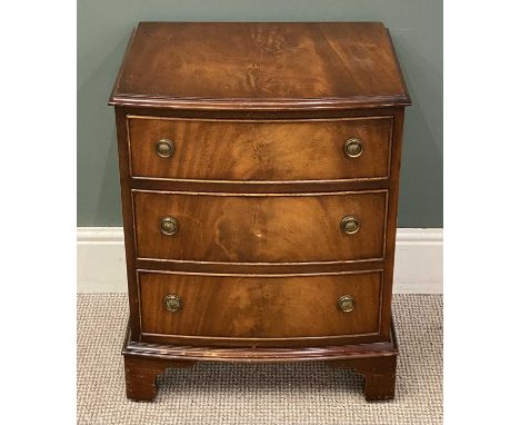 REPRODUCTION MAHOGANY NARROW THREE-DRAWER CHEST, bow fronted, on bracket feet, 68 (h) x 55 (w) x 42cms (d)Provenance: decease