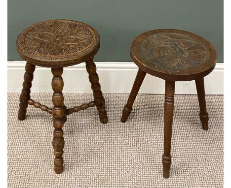 TWO VINTAGE CARVED TRIPOD STOOLS, circular tops, one with bobbin supports, 48.5 (h) x 32cms (diam.) and 45.5 (h) x 32cms (dia