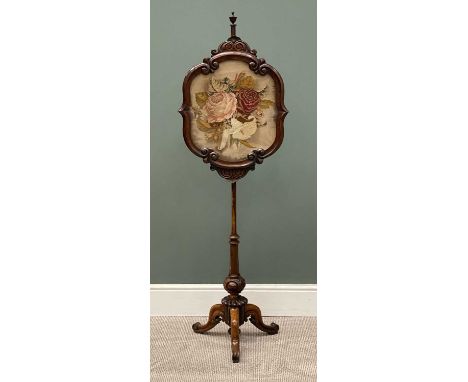 VICTORIAN WALNUT POLE SCREEN set with floral tapestry, tripod supports, 154 (h)Provenance: deceased estate Conwy