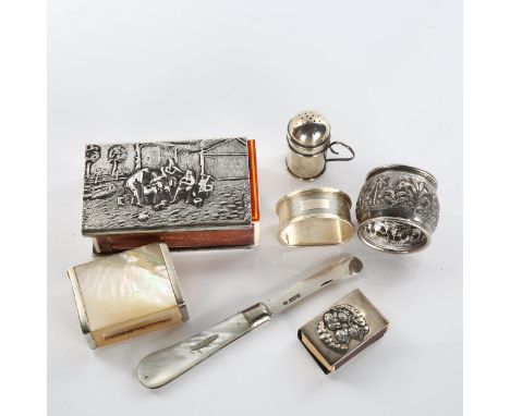 Various silver and silver plate, including large Dutch plated matchbox holder, mother-of-pearl butter knife, napkin ring etcL