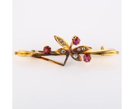 A Victorian 15ct gold ruby and diamond figural dragonfly bar brooch, set with round-cut rubies and rose-cut diamonds, brooch 