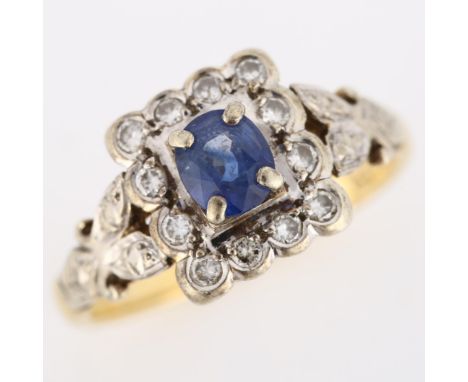 An Art Deco style 18ct gold sapphire and diamond square cluster ring, set with oval mixed-cut sapphire and modern round brill