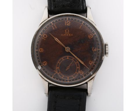 OMEGA - an early/mid 20th century stainless steel mechanical wristwatch, circa 1939, tarnished dial with Arabic numerals and 