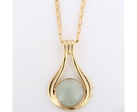 A modern 9ct gold jade pendant necklace, on 9ct anchor link chain, pendant height 32.5mm, chain length 50cm, 6.6gNo damage or