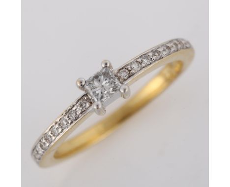 A modern 18ct gold solitaire diamond ring, set with Princess-cut diamond and modern round brilliant-cut diamond shoulders, to