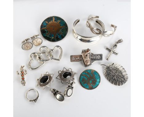 Various silver jewellery, including Mexican such as Fade and triple hoop gimmel ring, 218g totalLot sold as seen unless speci