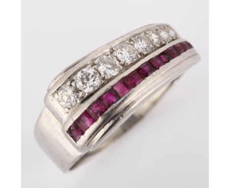 An Art Deco platinum ruby and diamond dress ring, set with square-cut rubies and modern round brilliant-cut diamonds, total d