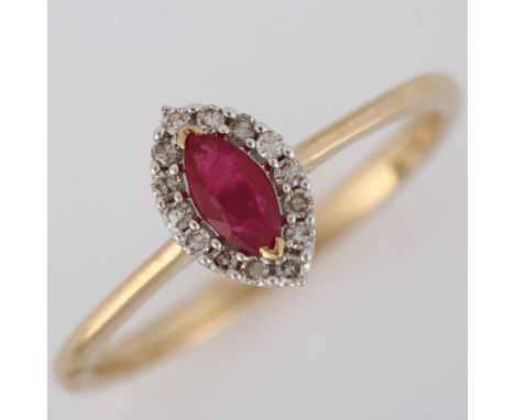 A modern 9ct gold ruby and diamond marquise cluster ring, set with marquise-cut ruby and single-cut diamonds, total diamond c