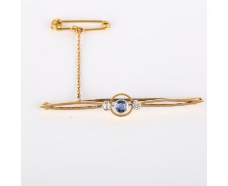 An Art Deco 15ct gold three stone sapphire and diamond bar brooch, brooch length 53.6mm, 3.2gNo damage or repairs, all stones