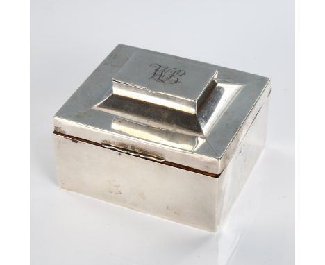 An Art Deco George V silver combination cigarette box/Vesta case, rectangular form with matchbox lid and sandalwood lining, i