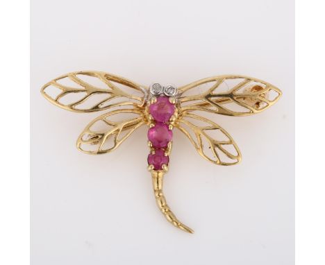 A miniature 9ct gold ruby and diamond figural dragonfly brooch, wingspan 26mm, 1.1gNo damage or repairs, all stones present, 