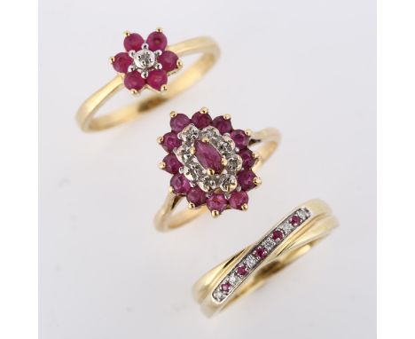 3 x 9ct gold ruby and diamond dress rings, sizes N x 2, and P, 7.6g total (3)No damage or repairs, all stones present 