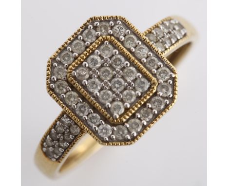 A modern 9ct gold diamond cluster panel ring, set with modern round brilliant-cut diamonds, total diamond content approx 0.25